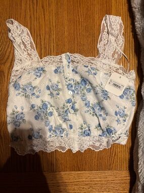 Altar'd State White Lace Crop Top with Blue Floral Print